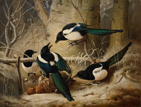 Main Product Photo of Magpies Round A Dead Female Capercaillie  Painting by Ferdinand Von Wright
