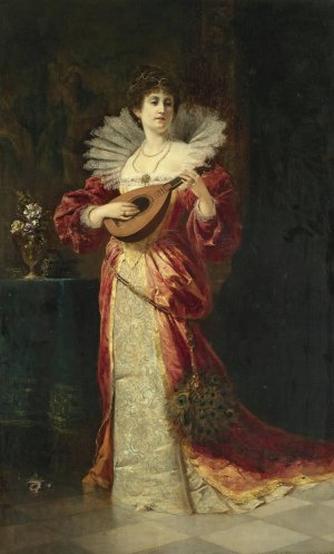Lady with lute by Ferdinand Wagner Jnr. Oil Painting