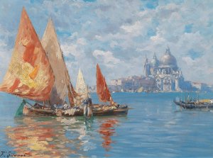 Venice, Fishing Boats before Santa Maria della Salute by Ferdinando Silvani Oil Painting