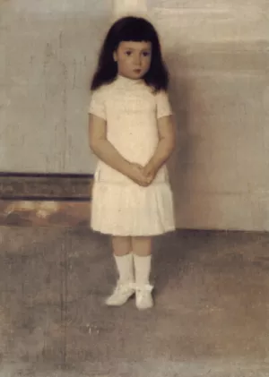 A Portrait of a Standing Girl in White by Fernand Khnopff Oil Painting