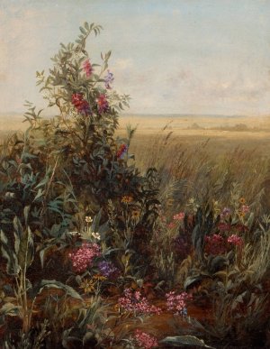 Wildflowers against a Vast Landscape by Fidelia Bridges Oil Painting