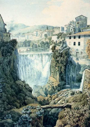 A Waterfall Outside An Italian Town by Filippo Giuntotardi Oil Painting