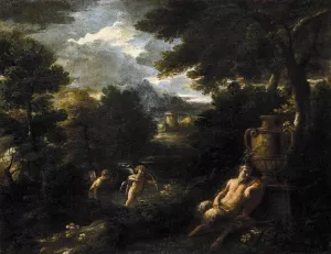 Faun and Cupid in a Landscape by Filippo Lauri Oil Painting