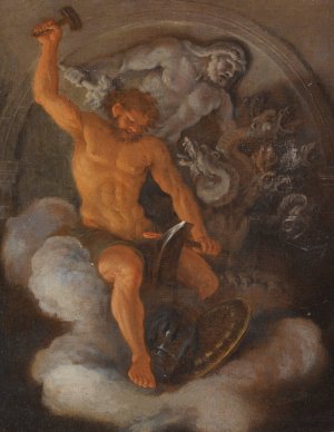 Vulcan At His Forge, Behind Him a Bas-Relief Of Hercules fighting The Hydra by Filippo Lauri Oil Painting