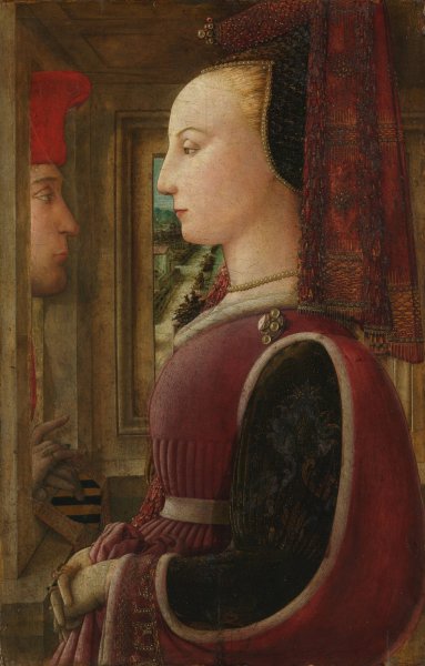 Portrait of a Woman with a Man at a Casement  by Filippo Lippi - Hand-Painted Oil Painting Reproduction
