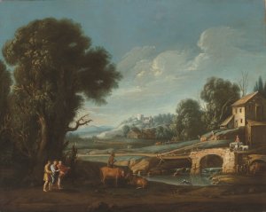 A landscape with Christ on the road to Emmaus by Filippo Teodoro De Liagno (Follower) Oil Painting