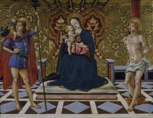 Virgin and Child Enthroned with Saints Christopher and Sebastian by Fiorenzo Di Lorenzo Oil Painting