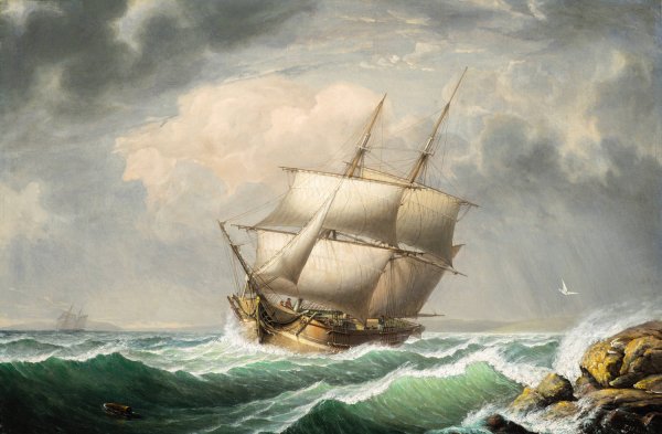 Brig Off the Maine Coast  by Fitz Henry Lane - Hand-Painted Oil Painting Reproduction