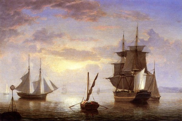 Main Product Photo of Ships in a Harbor, Sunrise  Painting by Fitz Hugh Lane