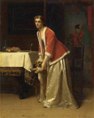 An Elegant Lady with Her Dog in an Interior