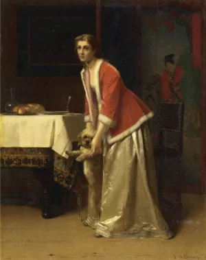 An Elegant Lady with Her Dog in an Interior by Florent Willems - Oil Painting Reproduction