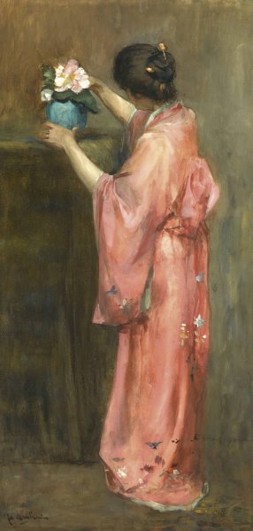 A Girl In Kimono Arranging Flowers by Floris Arntzenius Oil Painting