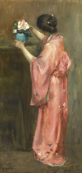 A Girl In Kimono Arranging Flowers by Floris Arntzenius Oil Painting