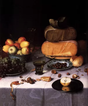 Laid Table with Cheeses and Fruit Detail painting by Floris Claesz Van Dijck