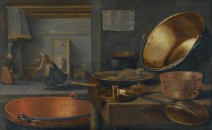 A Kitchen Still Life With Pots And Pans On A Stone Ledge And Animated Figures In The Background by Floris Van Schooten Oil Painting
