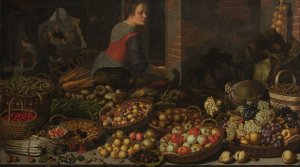 Still Life with Fruit and Vegetables, with Christ at Emmaus in the background by Floris Van Schooten Oil Painting