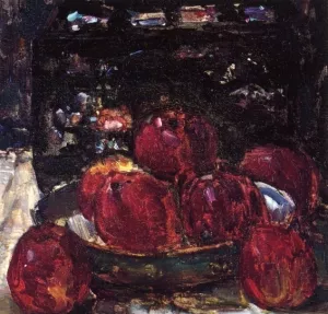 A Still Life with Red Apples on a Dish and a Japanese Lacquer Box by Floris Verster Oil Painting