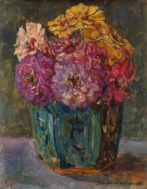 Still Life with Zinnias in a green Jar by Floris Verster Oil Painting