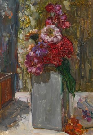 Wit Delftsche vaas met zinnia's by Floris Verster Oil Painting