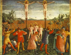 Saint Cosmas and Saint Damian Crucifixed and Stoned painting by Fra Angelico