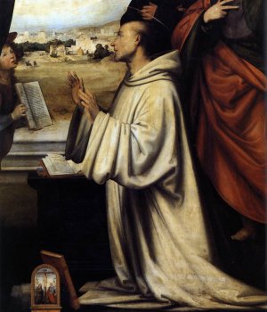 Vision of St Bernard with Sts Benedict and John the Evangelist Detail