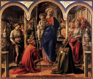 Madonna and Child with St Fredianus and St Augustine Oil painting by Fra Filippo Lippi