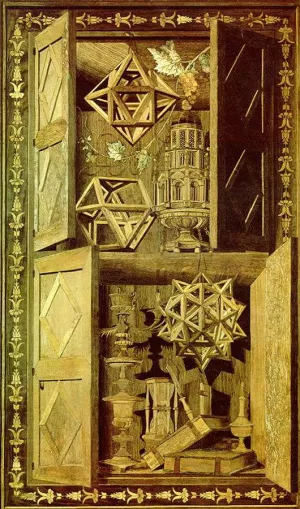 Intarsia Polyhedra painting by Fra Giovanni Da Verona