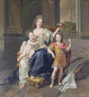 Portrait of the Duchess of La Fert-Senneterre with the future Louis XV on her lap painting by Francois De Troy