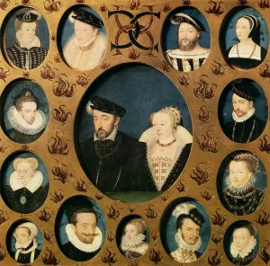 Henri II of Valois and Caterina de' Medici, Surrounded by Members of Their Family Oil painting by Francois Clouet