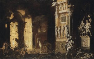 The Burning of Troy with the Flight of Aeneas and Anchises by Francois De Nome Oil Painting