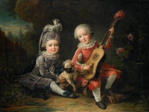 Les Portraits de MM. de Bethune jouant avec un chien by Francois-Hubert Drouais Oil Painting