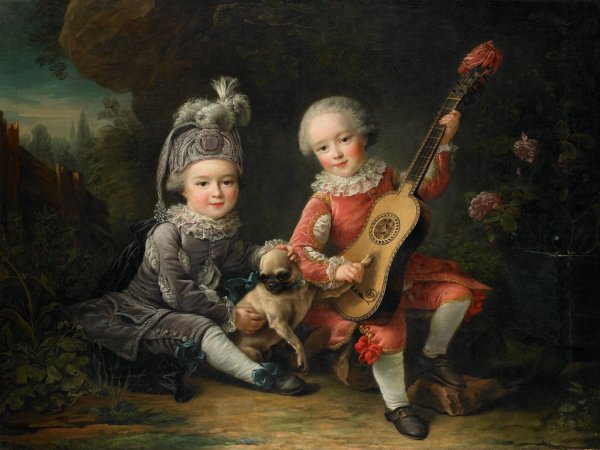 Les Portraits de MM. de Bethune jouant avec un chien  by Francois-Hubert Drouais - Hand-Painted Oil Painting Reproduction
