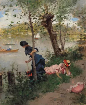 Elegant Ladies resting by a River by Francesc Miralles I Galaup Oil Painting