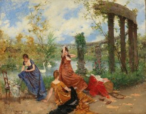 Ladies Near The Park Pond by Francesc Miralles I Galaup Oil Painting