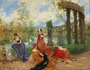 Ladies Near The Park Pond Oil painting by Francesc Miralles I Galaup