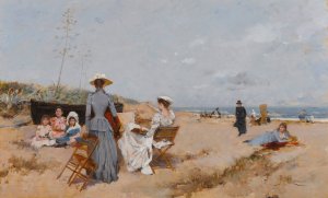 Painting on the beach by Francesc Miralles I Galaup Oil Painting