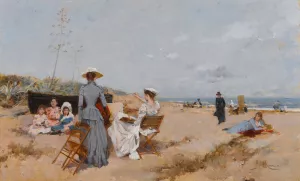 Painting on the beach Oil painting by Francesc Miralles I Galaup
