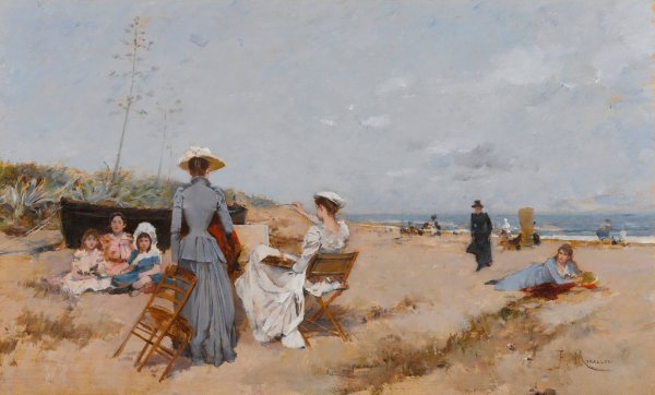 Painting on the beach by Francesc Miralles I Galaup - Hand-Painted Oil Painting Reproduction
