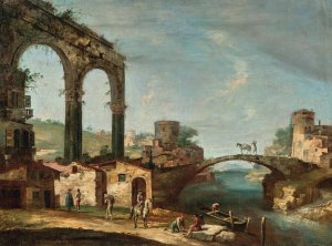 Landscape with classical ruins and figures by a river, a bridge beyond by Francesco Albotto Oil Painting