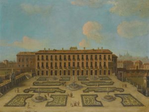 View Of A Palace, Possibly The Palacio Riofrio In Segovia, With Figures Promenading In The Formal Gardens by Francesco Battaglioli (Follower) Oil Painting