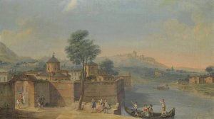 A Capriccio View Of A Walled Town With Elegant Figures On The River by Francesco Battaglioli Oil Painting