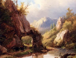 A Mountain Valley With A Peasant And Cattle Passing Along A Stream