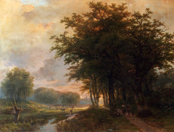 Main Product Photo of A Wooded River Valley with Peasants on a Path, Cattle in a Meadow Beyond Painting by Francesco Beda