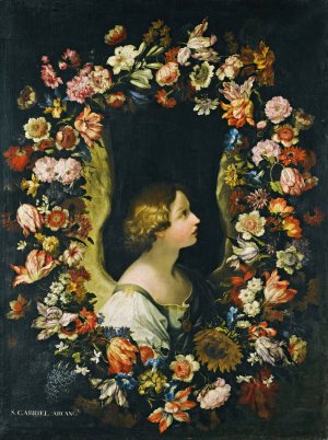 A Flower Garland Surrounding The Angel Gabriel by Francesco Caldei Oil Painting