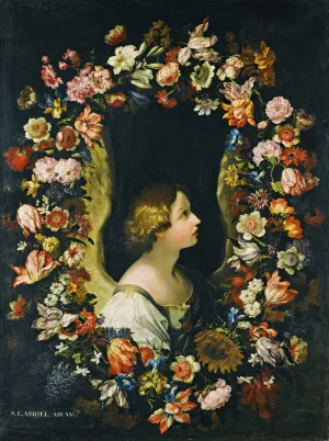 A Flower Garland Surrounding The Angel Gabriel by Francesco Caldei Oil Painting
