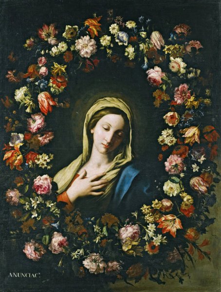 Main Product Photo of A Flower Garland Surrounding The Virgin Annunciate Painting by Francesco Caldei