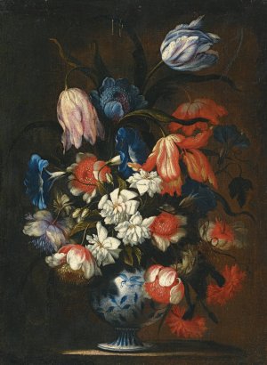 A Still Life With Tulips, Carnations And Other Flowers In A Blue And White Porcelain Vase by Francesco Caldei Oil Painting
