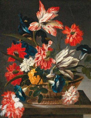 Flowers in a decorative vase on a stone ledge by Francesco Caldei Oil Painting
