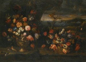 Still Life With Vase Of Flowers In A Coastal Landscape Setting by Francesco Caldei Oil Painting