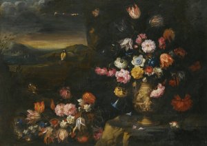 Still Life With Vase Of Flowers In A Coastal Landscape Setting by Francesco Caldei Oil Painting